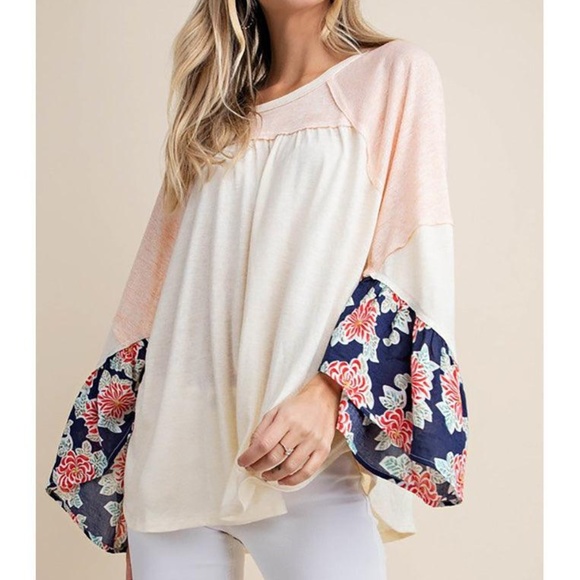 BellanBlue Tops - 017 Boho Floral Print Bell Sleeve Loose Fit Top